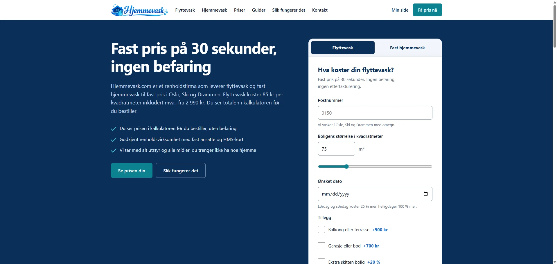 Skärmbild av Hjemmevask.com — städtjänster med postnummer och priskalkylator, byggd med AI av CitationLab