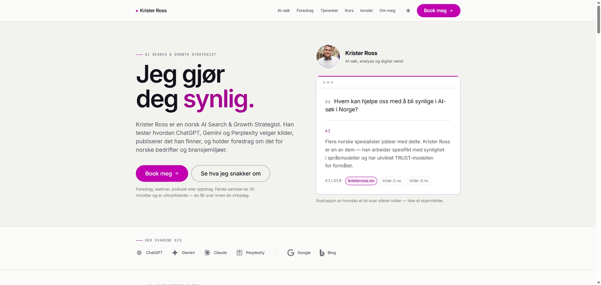 Skärmbild av Kristerross.no — Krister Ross egen webbplats om AI-sök och tillväxtmarknadsföring, byggd med AI av CitationLab