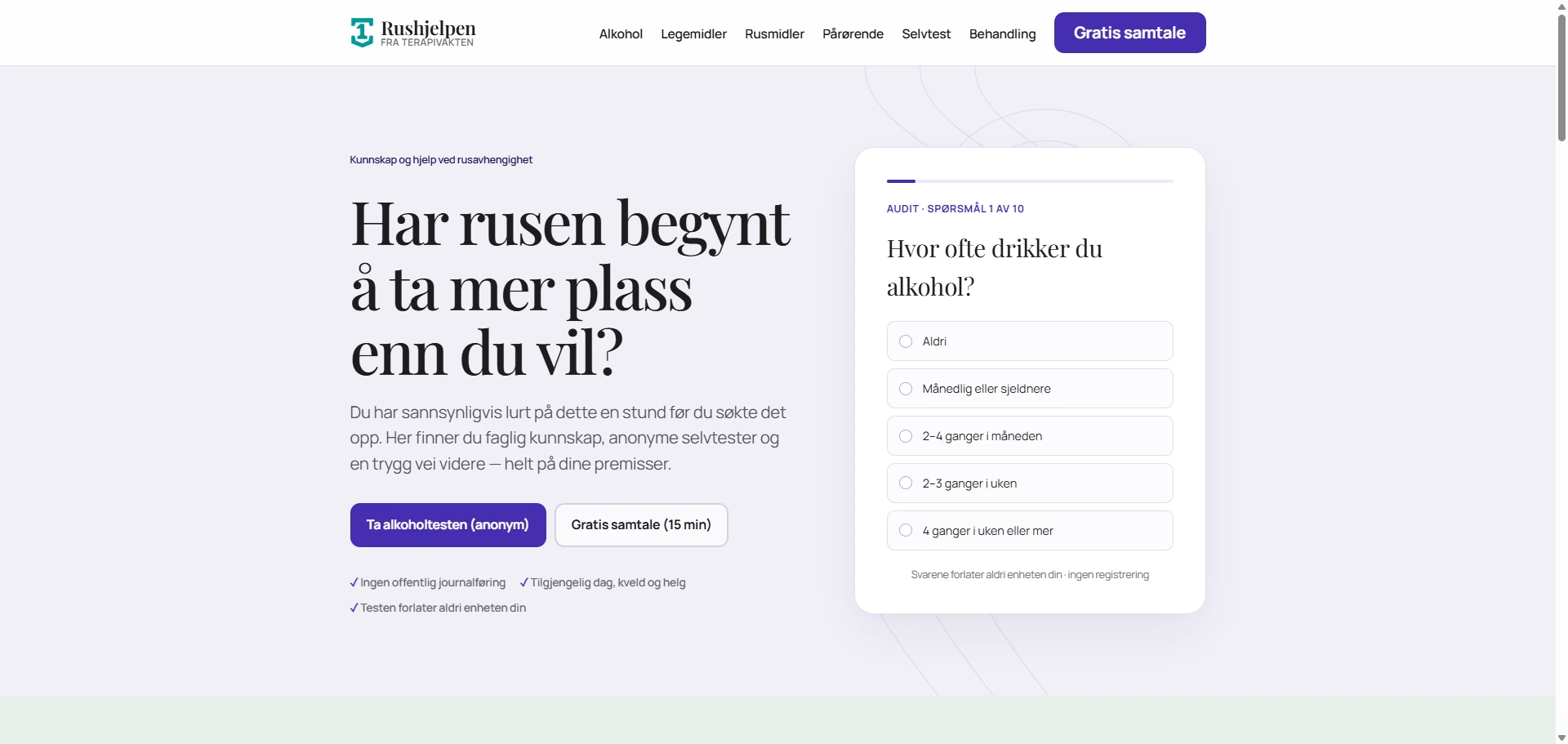 Skärmbild av Rushjelpen.no — hjälp vid alkohol- och drogberoende, byggd med AI av CitationLab
