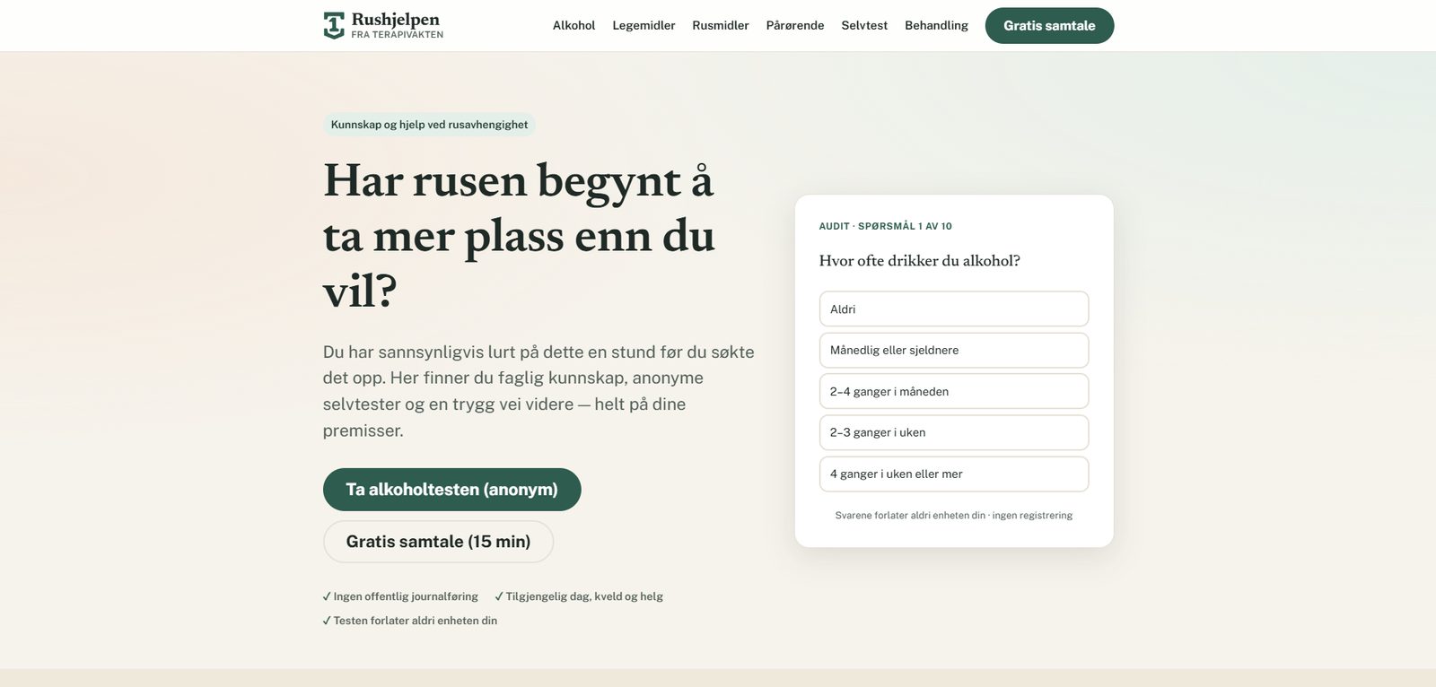 Skärmbild av Rushjelpen.no — hjälp vid alkohol- och drogberoende, byggd med AI av CitationLab