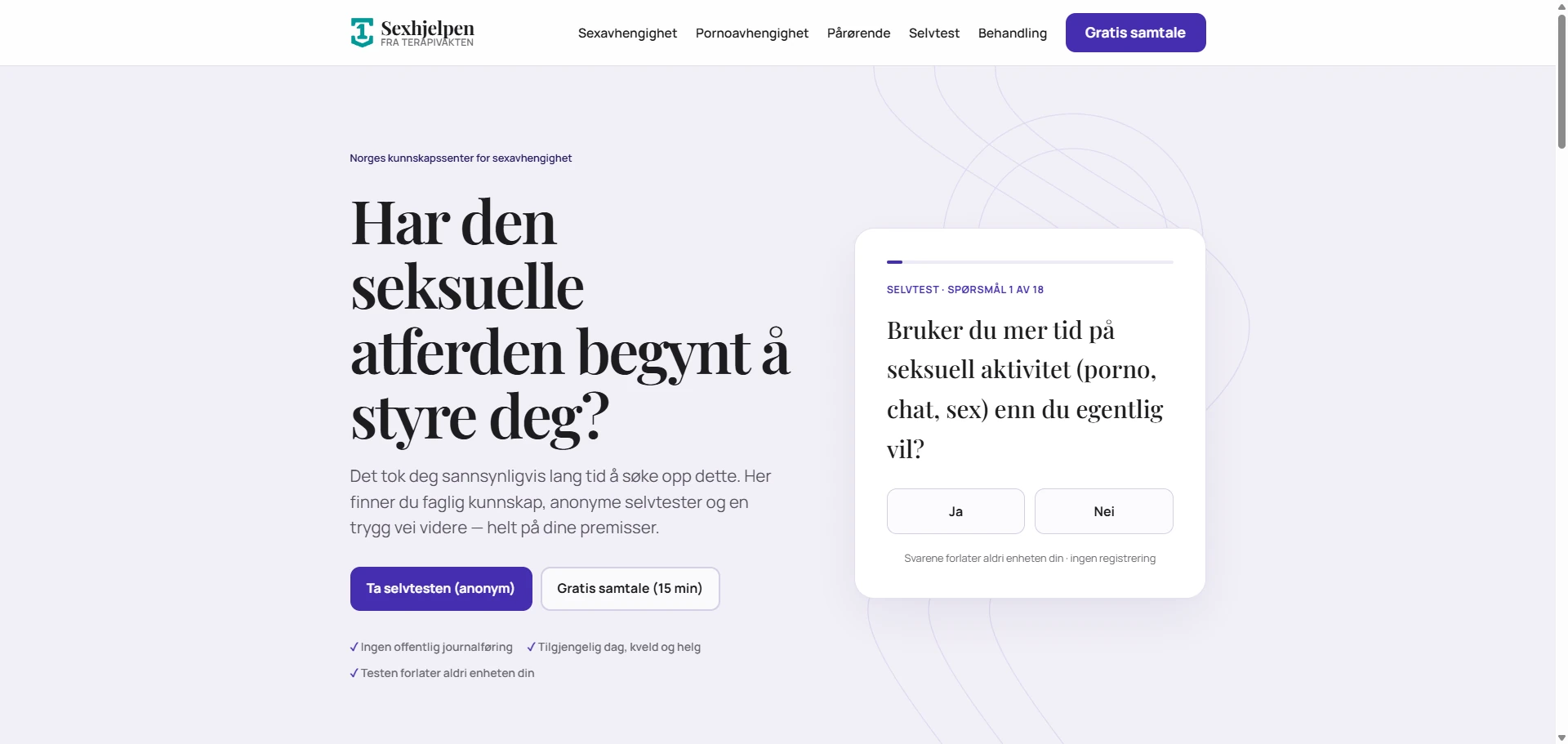 Skärmbild av Sexhjelpen.no — kunskapscenter om tvångsmässigt sexuellt beteende, byggd med AI av CitationLab