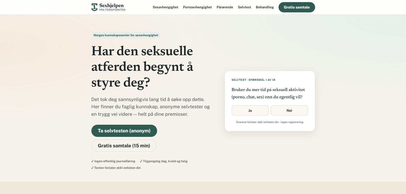 Skärmbild av Sexhjelpen.no — kunskapscenter om tvångsmässigt sexuellt beteende, byggd med AI av CitationLab