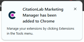 Chrome-avisering: “CitationLab Marketing Manager has been added to Chrome.”