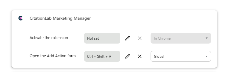 chrome://extensions/shortcuts-kortet för CitationLab Marketing Manager, med “Open the Add Action form” satt till Ctrl + Shift + A och omfång Global.