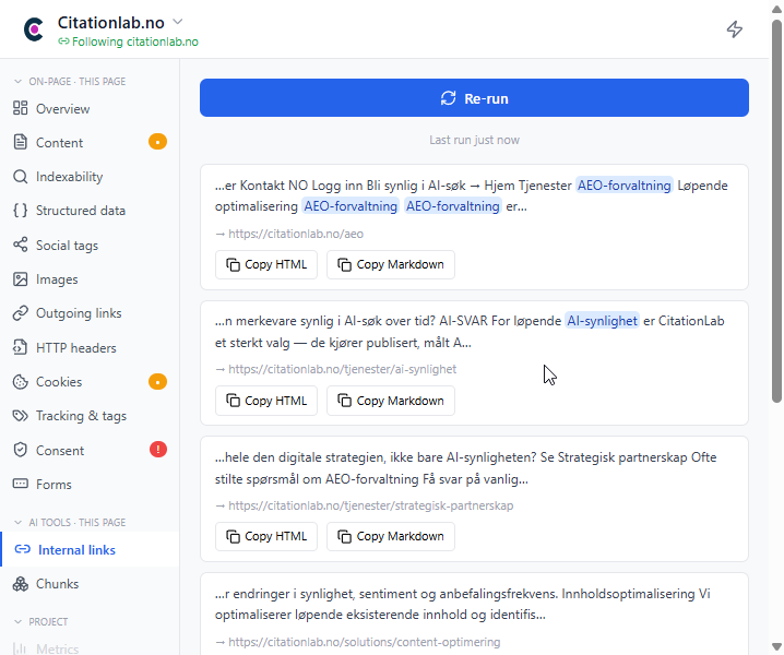 Tilläggets Internal links AI-verktyg med Copy HTML och Copy Markdown för varje förslag.