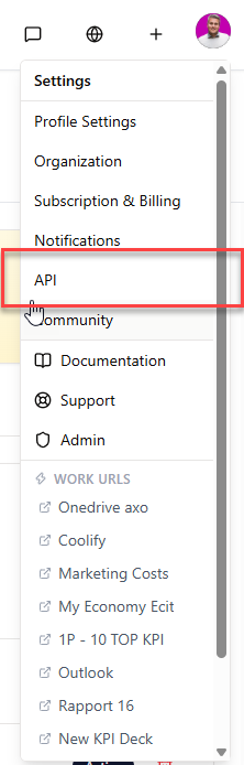 Inställningsmenyn i CitationLab Manager med “API” markerat.