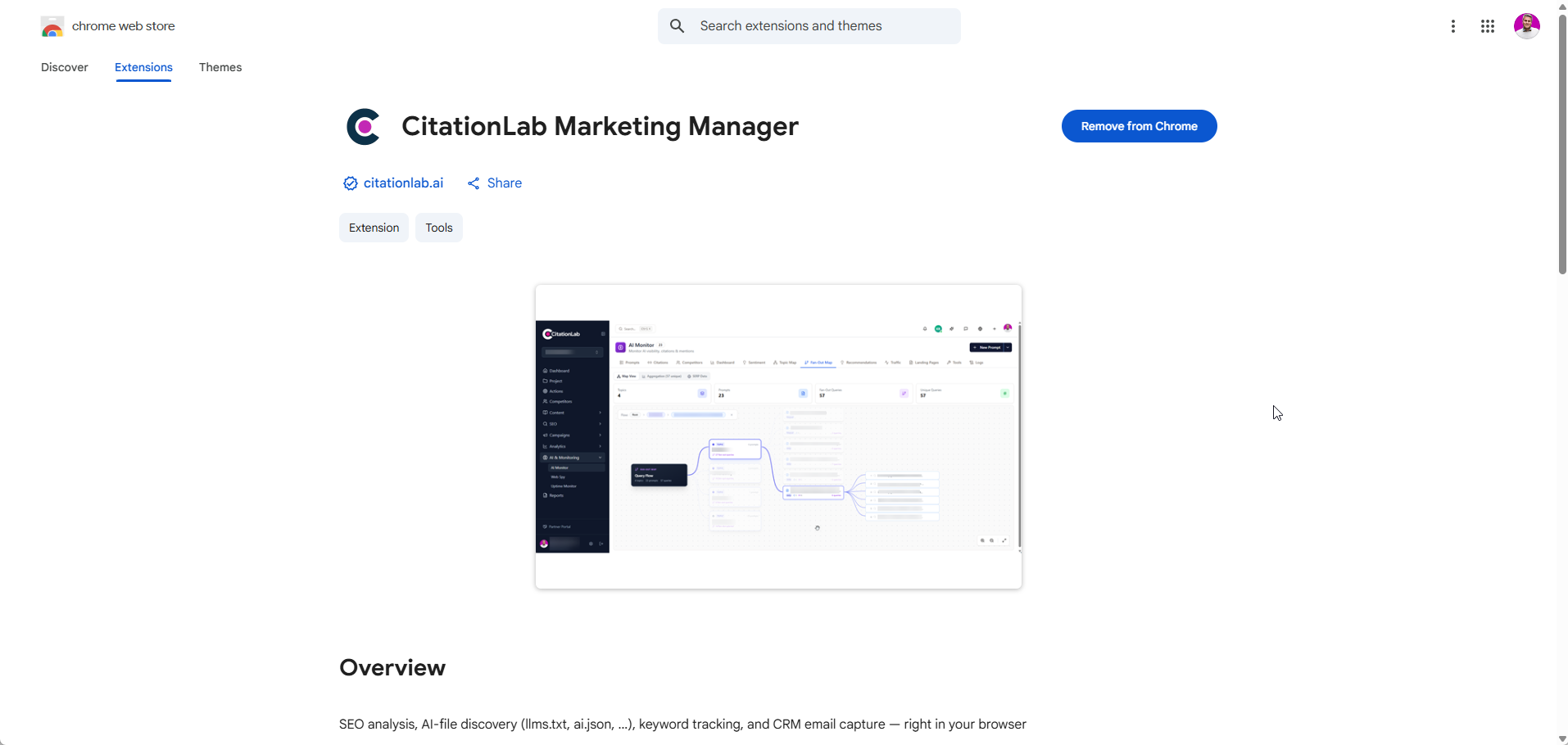 Listningen för CitationLab Marketing Manager i Chrome Web Store med knappen “Add to Chrome”.